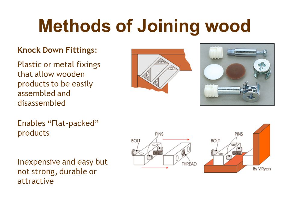 Methods of Joining wood Knock Down Fittings: Plastic or metal fixings that allow wooden products to be easily assembled and disassembled Enables Flat-packed products Inexpensive and easy but not strong, durable or attractive