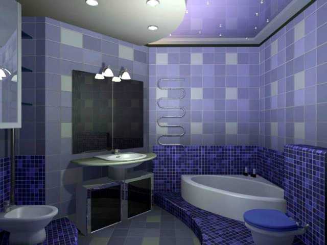 Облицовка стен и потолка ванной фиолетовой плиткой