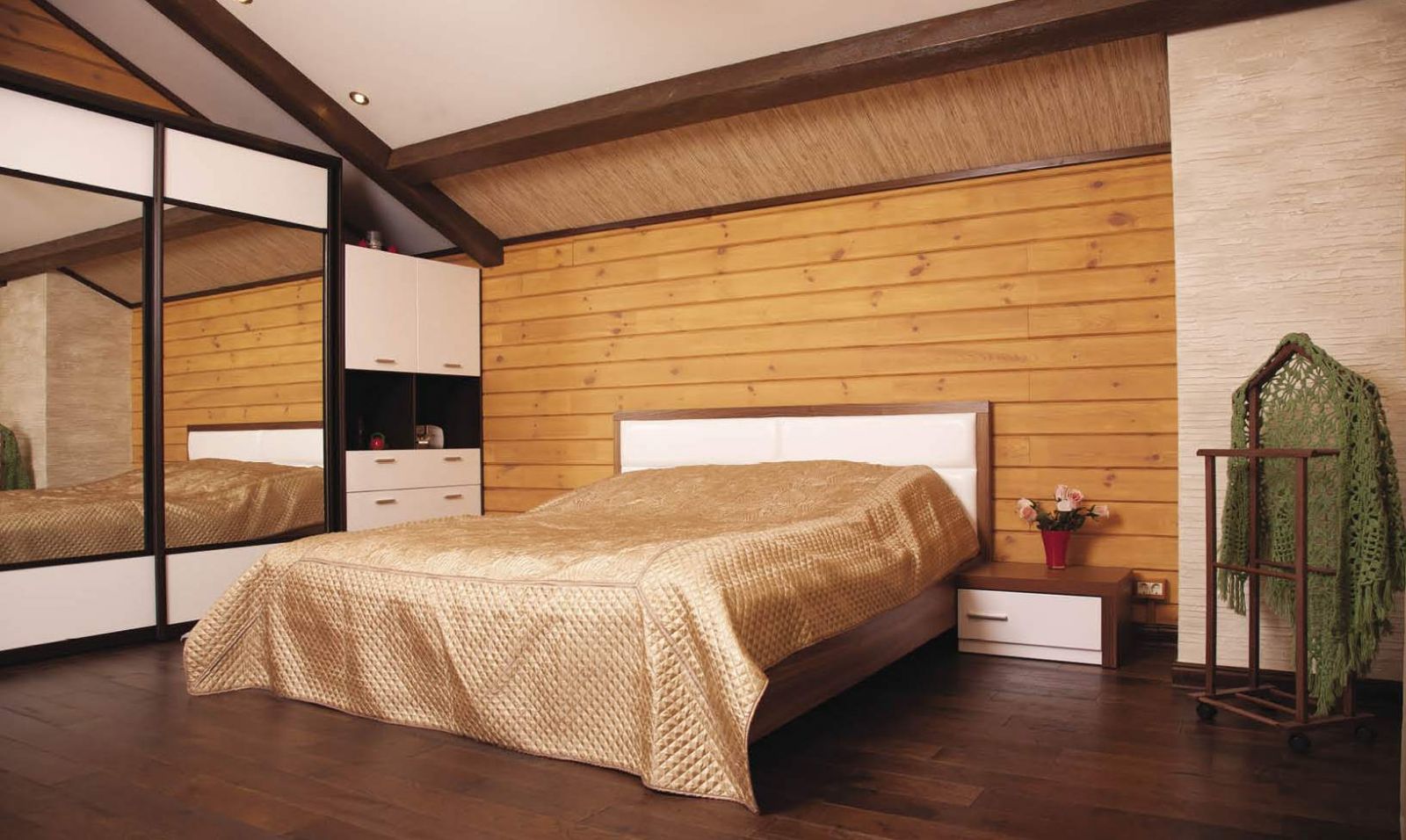 Деревянные обои-панели в спальне