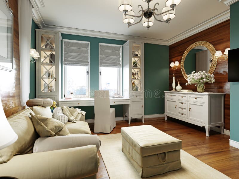Bedroom with a sofa bed and a table by the window, Provence-style interior with white furniture and blue walls. 3D rendering stock illustration