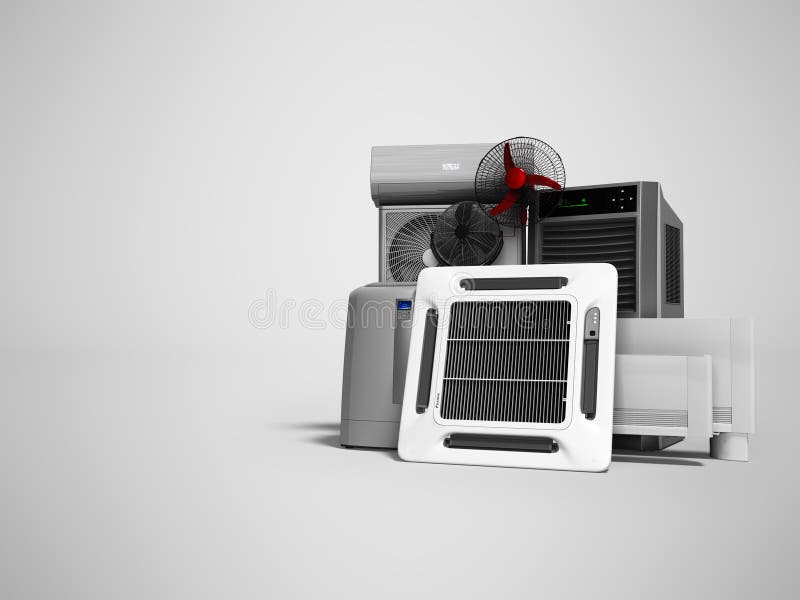 Concept set of equipment for heating and cooling of premises 3d render on gray background with shadow vector illustration