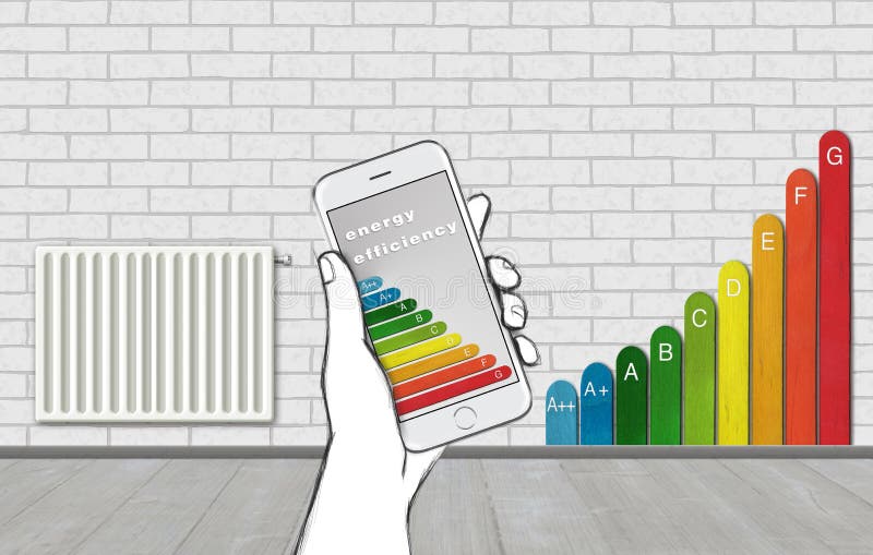 3D Illustration Concept Smart Home Control. Temperature setting Heating via smart phone with Energy efficiency class Symbol vector illustration