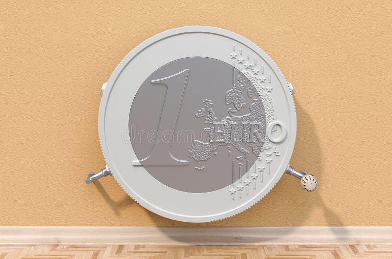 Energy saving concept. Heating radiator in shaped of euro coin. 3D rendering royalty free illustration