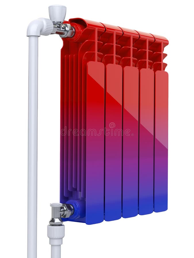 Gradient from cold to hot - heater concept. Aluminum heating radiator with valves and pipes for connection royalty free illustration