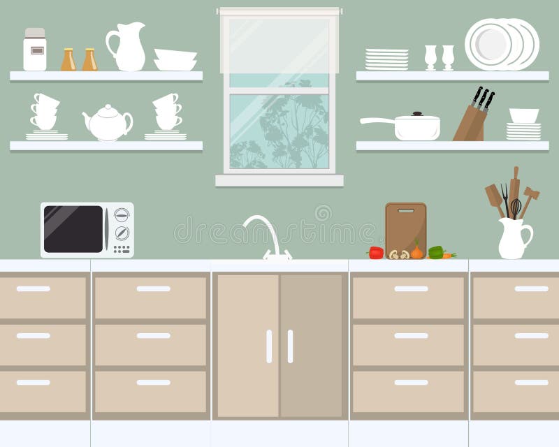 Kitchen interior in provence color. There is a microwave, a kettle, plates, cups, knives and other kitchen tools on a window background. There are also vector illustration