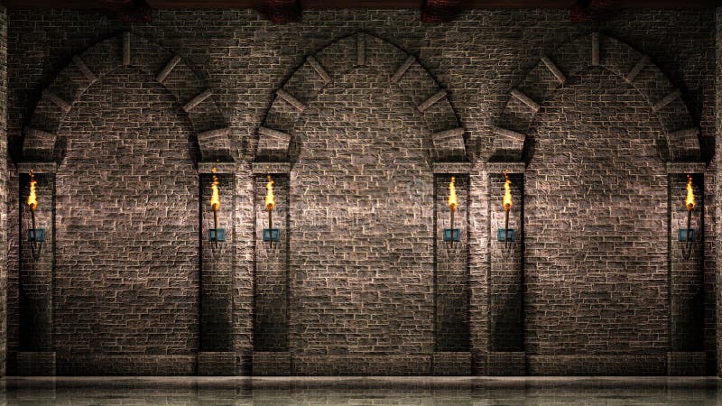 Stone wall with arches and torches royalty free stock image