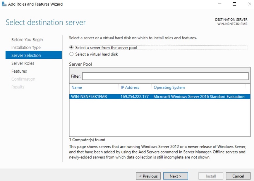 Select destination server (Server Core Installation vs GUI)