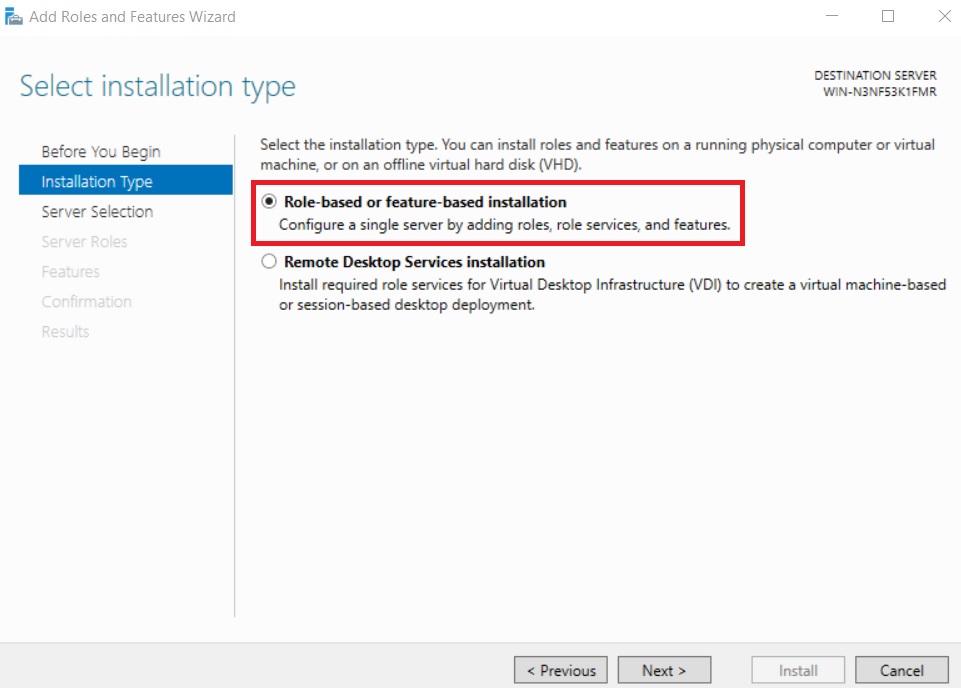 Select installation type (Server Core Installation vs GUI)