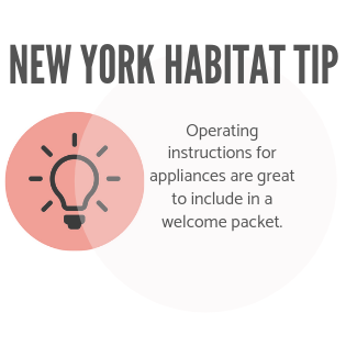 New York Habitat tip infographic advising owners to include appliance instructions in their welcome basket.